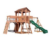 Backyard Discovery Sterling Point | 100% Cedar Wooden Swing Set | Outdoor Garden Climbing Frame for Kids | 1 Web Disc, 2 Belt Swings & Trapeze Bar with Wave Slide