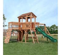 Backyard Discovery Sterling Point | 100% Cedar Wooden Swing Set | Outdoor Garden Climbing Frame for Kids | 1 Web Disc, 2 Belt Swings & Trapeze Bar with Wave Slide