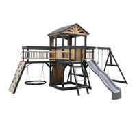 Backyard Discovery Timber Crossing 100% Cedar Wood Swing Set | Outdoor Playground for Kids | Garden Climbing Frame for Children | 1 Web Disc and 2 Belt Swings | 2.4m Wave Slide | Rope & Rock Wall