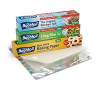 Bacofoil Kitchen Essentials Bundle Set - Cling Film 20m + Non-Stick Baking Paper 5m + Aluminium Foil 5m | Kitchen Wrap for Cooking, Freezing & Food Storage | Easy-Cut System | Recyclable