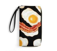 Bacon and Eggs for Breakfast Women's Wallet Leather Bifold Blocking Card Holder Trendy Ladies Clutch Purse with Hand Rope 19.7x10.5cm