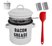Bacon Grease Container - Rustic Farmhouse Enamel Grease Container | Ceramic Grease Saver, Mini Fat Container with Strainer, Collection Container for Grease Storage in the Kitchen