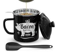 Bacon Grease Container With Strainer, 46OZ Large Enamel Grease Container, With Silicone Spatula, Farmhouse Bacon Grease Keeper, Cooking Oil Container For Kitchen Fat Storage, Dishwasher Safe-Black