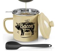 Bacon Grease Container With Strainer, 46OZ Large Enamel Grease Container, With Silicone Spatula, Farmhouse Bacon Grease Keeper, Cooking Oil Container For Kitchen Fat Storage, Dishwasher Safe-Beige