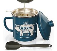 Bacon Grease Container With Strainer, 46OZ Large Enamel Grease Container, With Silicone Spatula, Farmhouse Bacon Grease Keeper, Cooking Oil Container For Kitchen Fat Storage, Dishwasher Safe-Blue