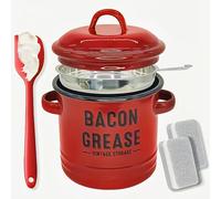 Bacon Grease Container with Strainer - Large 46OZ Kitchen Oil Storage Can, Farmhouse Cooking Pot Keeper Collector With Food-Grade Silicone Spatula for Frying, Baking & Kitchen Oil Storage (Red)