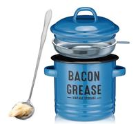 Bacon Grease Container with Strainer - Large 46OZ Kitchen Oil Storage Can, Food Saver Bin with Lid | Farmhouse Cooking Pot Keeper Collector, Dishwasher Safe - Blue