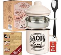 Bacon Grease Container with Strainer - With Food-Grade Silicone Spatula, 24oz Enamel Rustic Farmhouse Fat Container, Keeper, Recipes, Dishwasher Safe