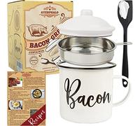 Bacon Grease Container with Strainer - With Food-Grade Silicone Spatula , 46oz Large Enamel Rustic Farmhouse Fat Container , Keeper , Recipes , Dishwasher Safe