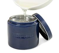 CYPRESS SUNRISE Bacon Grease Oil Container Storage Can Keeper w/Stainless Strainer Paleo Keto Pour Spout Ceramic Porcelain Stoneware Fat Separator Filter Multiple Colors NAVY BLUE