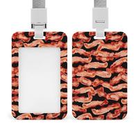 Bacon Pattern ID Badge Holder Waterproof Card Protector Push-Pull Slot Work ID Card Holder with Lanyard Personalized Detachable Card Holders for Office Corporate Use