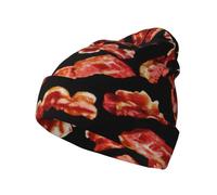 Bacon Pattern Knitted Hat Soft Skull Cuffed Beanie Hat for Men Women, Unisex Warm Winter Stocking Cap Head Wear Gift for Adult Black