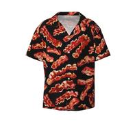 Bacon Pattern Print Classic Short Sleeve Button Down Casual Shirt Keep Cool Relaxed Summer Activities, Black, Large