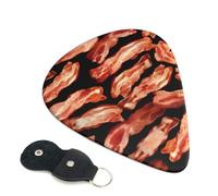 Bacon Pattern Printed Guitar Picks, 6 Pack with Leather Keychain Pick Holder - 0.46mm, 0.71mm, 0.96mm Assorted Thickness for Acoustic Ukulele, Electric Guitar, Acoustic Guitar, Bass