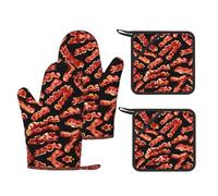 Bacon Pattern Trendy Printed Kitchen Set with Heat Resistant Gloves & Non-Slip Hot Pads for Baking & Grilling