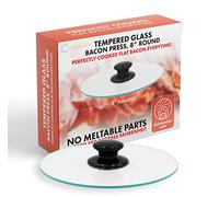 Bacon Press, Round Tempered Glass Bacon Press and Splatter Shield, 8" Diameter - Perfectly Cooked Flat Bacon Every time!