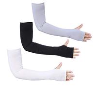 Bacophy 3 Pairs Arm Sleeves with Thumb Holes Women Men UV Protection Cooling, UPF 50 Compression Long Arm Cover, 3-pairs Black+white+grey, Standard