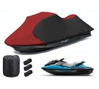 BaCover Trailerable Jet Ski Cover, Waterproof Marine Grade 600D Heavy Duty Polyester PWC Cover fits for Seadoo, Kawasaki, Waverunner Polaris,Red+Black,116" to 135"