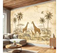 BACSEAZH Beige Wall Murals for Living Room, Fade Resistant Giraffe Zebra Wallpaper, UV Resistant Non-Woven Grasslands Wild Animals Photo Wallpaper, for Bedroom Kitchen Office 300 x 210 cm