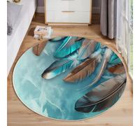 BACSEAZH Blue-Brown Feathers Machine Washable Area Rug, 80 cm | Short Pile Round Rug, Bohemian Exoticism, Super-Soft Circle Area Rugs for Kids Room Office Dining Room, Cyan Indoor Mat