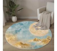 BACSEAZH Blue Round Rug 160cm, Machine Washable & Non-Slip Low Pile Dreamlike Landscape Painting Circle Carpet, Soft Full Moon Mount Tai Area Rugs for Bedroom Nursery Kitchen Dinning Room Entryway