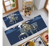 BACSEAZH Cartoon Fun Kitchen Rug Sets 2 Piece, Anti Fatigue Comfort Standing Skull Bench Kitchen Mats Set, Washable Easy Care Blue Floor Mat, for Laundry Room Hallway 50x80cm+50x150cm