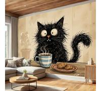 BACSEAZH Cartoon Fun Panoramic Wallpaper, Non-Woven Art Print Black Cat Coffee Biscuits Wall Mural Decor, Beige Photo Wallpaper for Living Room Bedroom Home Decoration Wall Poster 200 x 140 cm