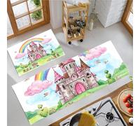 BACSEAZH Castle Rainbow Kitchen Rug Set 2 Piece, Non Slip Anti Fatigue Pink Kitchen Mat, Machine Washable Fantasy Fairy Tale Floor Mat, for Hallway Dining Room Home Decoration 40x60cm+40x120cm