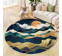 BACSEAZH Dark Blue Round Rug 90cm, Machine Washable & Non-Slip Low Pile Modern Abstract Art Circle Carpet, Soft Mountains Full Moon Area Rugs for Bedroom Nursery Kitchen Dinning Room Entryway