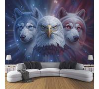BACSEAZH Fantasy Surreal Panoramic Wallpaper, Non-Woven Art Print Wolves Eagles Starry Sky Wall Mural Decor, Blue Photo Wallpaper for Living Room Bedroom Home Decoration Wall Poster 300 x 210 cm