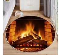 BACSEAZH Flaming Fireplace Washable Circle Area Rugs for Bedroom | 60 cm Non Shedding Carpet Area Mat, Warm Winter Breeze Round Rug for Reading Nook or Lounge, Orange-Red