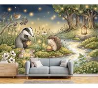 BACSEAZH Forest Animals Panoramic Wallpaper, Non-Woven Art Print Badger Hedgehog Mouse Wall Mural Decor, Green Photo Wallpaper for Living Room Bedroom Home Decoration Wall Poster 250 x 175 cm