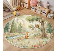 BACSEAZH Forest Fox Squirrel Round Living Room Rug 100cm, Soft Low Pile Green Circle Carpet, Washable Non Slip Stain Resistant Cute Wild Animals Floor Mat, for Bedroom Kitchen Entryway Dorm