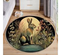 BACSEAZH Full Moon Hare Machine Washable Area Rug, 60 cm | Short Pile Round Rug, Retro Nature Illustrations, Super-Soft Circle Area Rugs for Kids Room Office Dining Room, Beige Yellow Indoor Mat