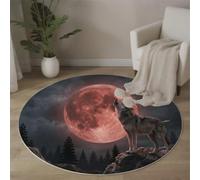 BACSEAZH Full Moon Wolf Howling Round Area Rugs Living Room, Soft Flannel Mysterious Wild Grey Circle Carpet, Non Slip Washable Floor Mat for Bedroom Bedside Kitchen Home Decor, 150cm