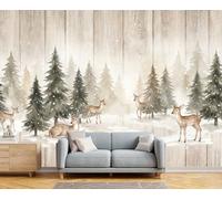 BACSEAZH Non-Woven Light Brown Wallpaper 200 x 140 cm, Deer Herd Pine Trees Wallpaper Forests Wildlife Panoramic Wall Mural for Bedroom Living Room TV Backdrop Hallway Hall Lounge