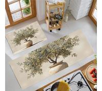BACSEAZH Olive Tree Potted Kitchen Rug Set 2 Piece, Non Slip Anti Fatigue Beige Kitchen Mat, Machine Washable Realistic Plants Floor Mat, for Hallway Dining Room Home Decoration 50x80cm+50x150cm