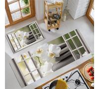 BACSEAZH Orchids Stones Windows Kitchen Rug Set 2 Piece, Non Slip Anti Fatigue White Kitchen Mat, Machine Washable Realism Zen Floor Mat, for Hallway Dining Room Home Decoration 50x80cm+50x150cm