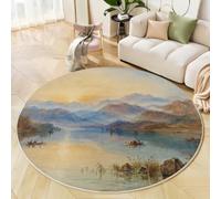 BACSEAZH Pale Yellow Round Rug 100cm, Machine Washable & Non-Slip Low Pile Oil Painting Style Circle Carpet, Soft Lakes Boats Mountains Area Rugs for Bedroom Nursery Kitchen Dinning Room Entryway