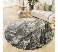 BACSEAZH Realism Sketch Round Area Rug 90cm - Soft Washable Non-Slip Grey Circular Carpet, Soft Fluffy Mountains Canyons Printed Rug, for Living Room Bedroom Bedside Dining Room Home Décor