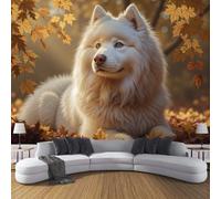 BACSEAZH Realistic Animals Panoramic Wallpaper Mural 300 x 210 cm - Premium Non-Woven Art Print White Wallpaper, Samoyed Autumn Leaves Photo Wall Mural for Bedroom Living Room Kitchen Corridor