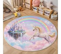 BACSEAZH Round Area Rugs Pink, Soft Fluffy Pegasus Castle Rainbow Printed Circle Rug, Washable Flannel Fantasy Fairy Tale Carpet, for Children's Bedroom Bedside Bathroom Playing Room 120cm