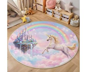 BACSEAZH Round Area Rugs Pink, Soft Fluffy Pegasus Castle Rainbow Printed Circle Rug, Washable Flannel Fantasy Fairy Tale Carpet, for Children's Bedroom Bedside Bathroom Playing Room 120cm