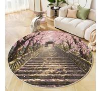 BACSEAZH Round Rug 100cm, Machine Washable Non Slip Cherry Blossoms Stone Steps Carpet, Low Pile Japanese Anime Style Area Rugs for Living Room Bedroom Kitchen Entryway Bathmat, Pink