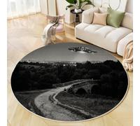 BACSEAZH Round Rugs for Living Room 100cm, Mysterious Science Fiction Style Foldable Washable Black Area Rugs, Non Slip Soft Low-Pile Ufo Stone Bridge Circle Carpet for Bedroom Playroom Nursery Room