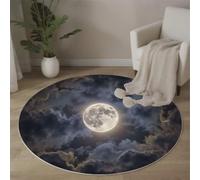 BACSEAZH Round Rugs for Living Room 120cm, Night Sky Photographic Style Foldable Washable Dark Blue Area Rugs, Non Slip Soft Low-Pile Full Moon Clouds Circle Carpet for Bedroom Playroom Nursery Room