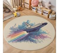 BACSEAZH Science Fiction Illustration Round Area Rug 150cm, Soft Low Pile Non-Shedding Space Shuttle Clouds Circle Carpet, Non-Slip Multicolor Floor Mat for Living Room Bedroom Nursery Hallway