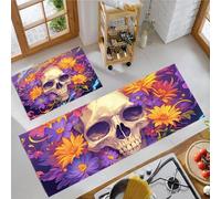 BACSEAZH Skulls Flowers Kitchen Rug Set 2 Piece, Non Slip Anti Fatigue Purple Kitchen Mat, Machine Washable Fantasy Surrealism Floor Mat, for Hallway Dining Room Home Decoration 50x80cm+50x150cm