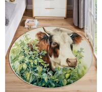 BACSEAZH Washable Round Area Rug for Living Room Grassland Cow 100 cm | Low Pile, Non-Shedding, Soft Cozy Fluffy Green Watercolor Pastoral Animals Floor Mat for Kids Room Kitchen Office