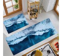 BACSEAZH Waves Foam Kitchen Rug Set 2 Piece, Non Slip Anti Fatigue Blue Kitchen Mat, Machine Washable Dynamic Marine Landscape Floor Mat, for Hallway Dining Room Home Decoration 43x75cm+43x150cm